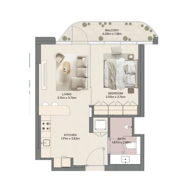 Mirasol II 1 bedroom apartment floor plan at Mina Al Arab, Ras Al Khaimah