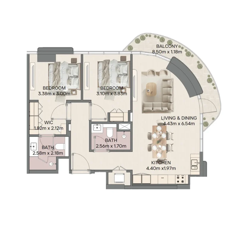 Mirasol II 2 bedroom apartment floor plan with balcony layout