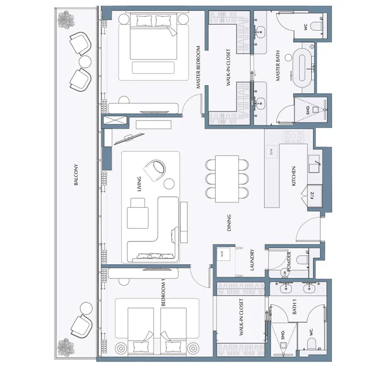 2 Bedroom floor plan of Anantara Mina Ras Al Khaimah Residences