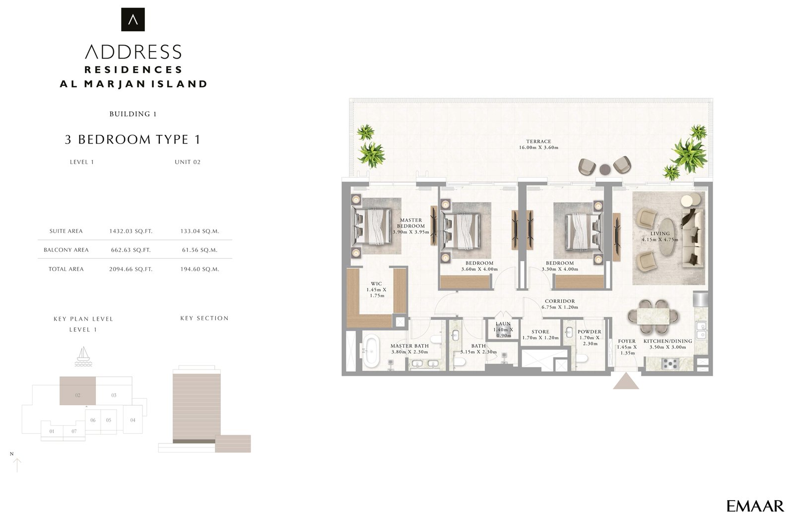 3 bedroom Type 1 apartment floor plan at Address Residences Al Marjan Island