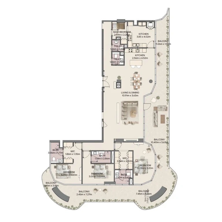 Mirasol II 4 bedroom penthouse floor plan with expansive terrace layout