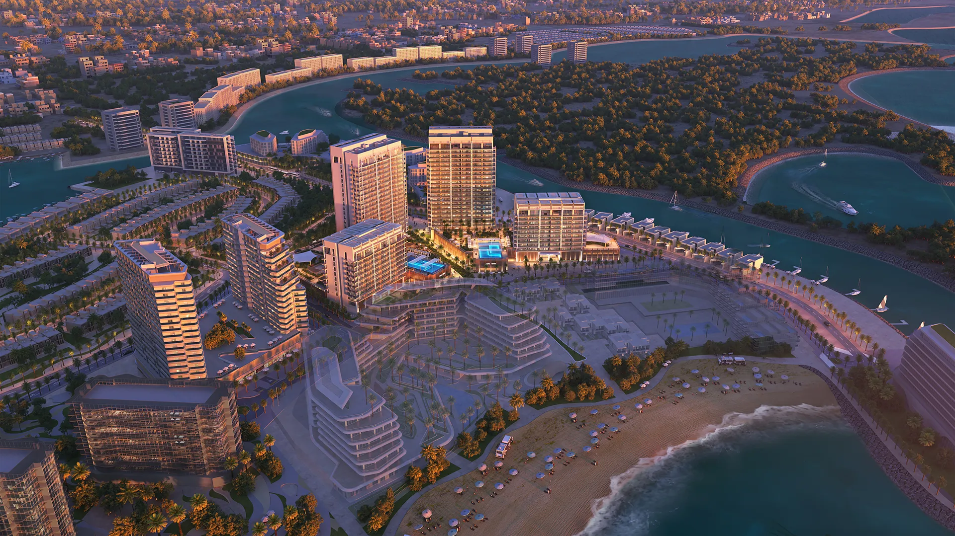 Aerial render of Cape Hayat waterfront district with towers, beach, and marina