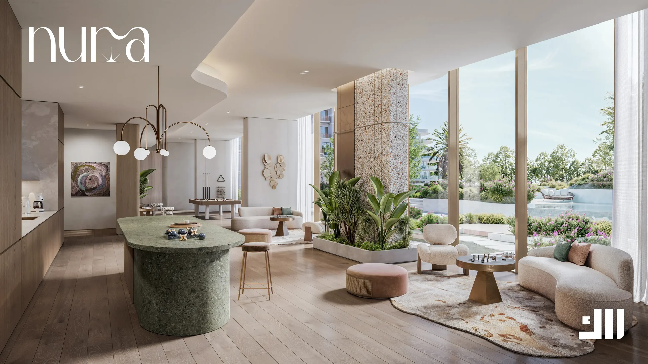 Residents’ clubhouse social lounge at Nura