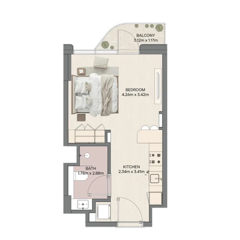 Mirasol II studio apartment floor plan at Mina Al Arab by RAK Properties