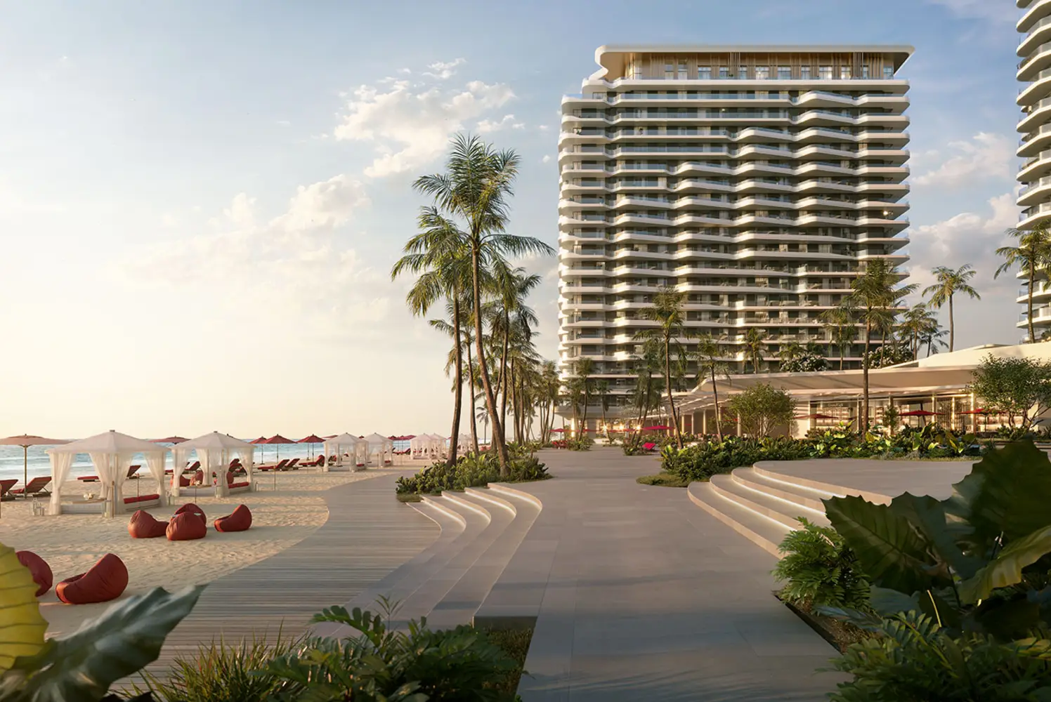 Beach club and waterfront promenade near Rosso Bay Residences Ras Al Khaimah