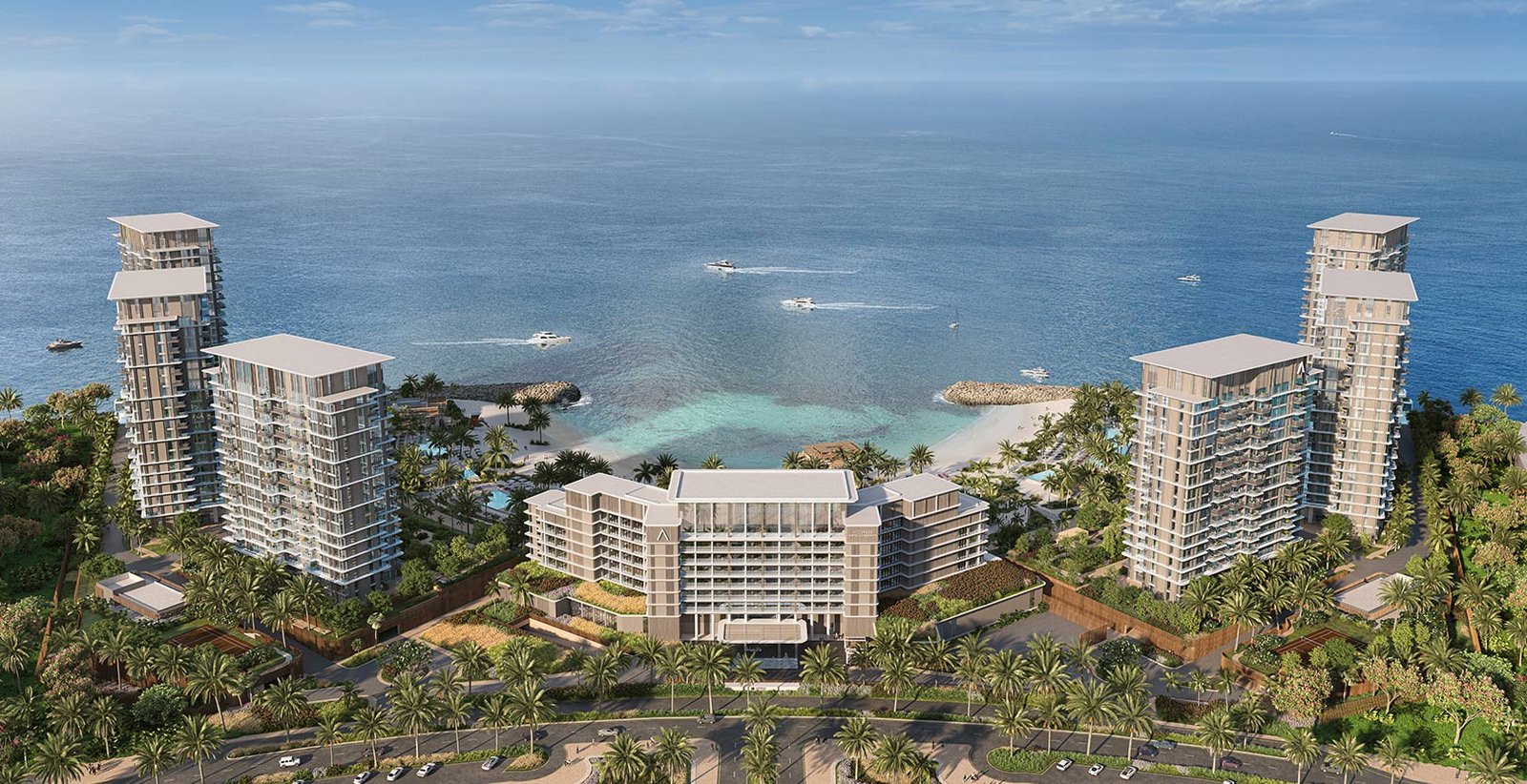 Address Residences Al Marjan Island waterfront development with luxury residential towers, private beaches, and panoramic Arabian Sea views in Ras Al Khaimah.