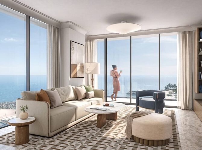 Contemporary waterfront townhouses in Ras Al Khaimah, designed for elegant island living with spacious interiors and marina-side surroundings.