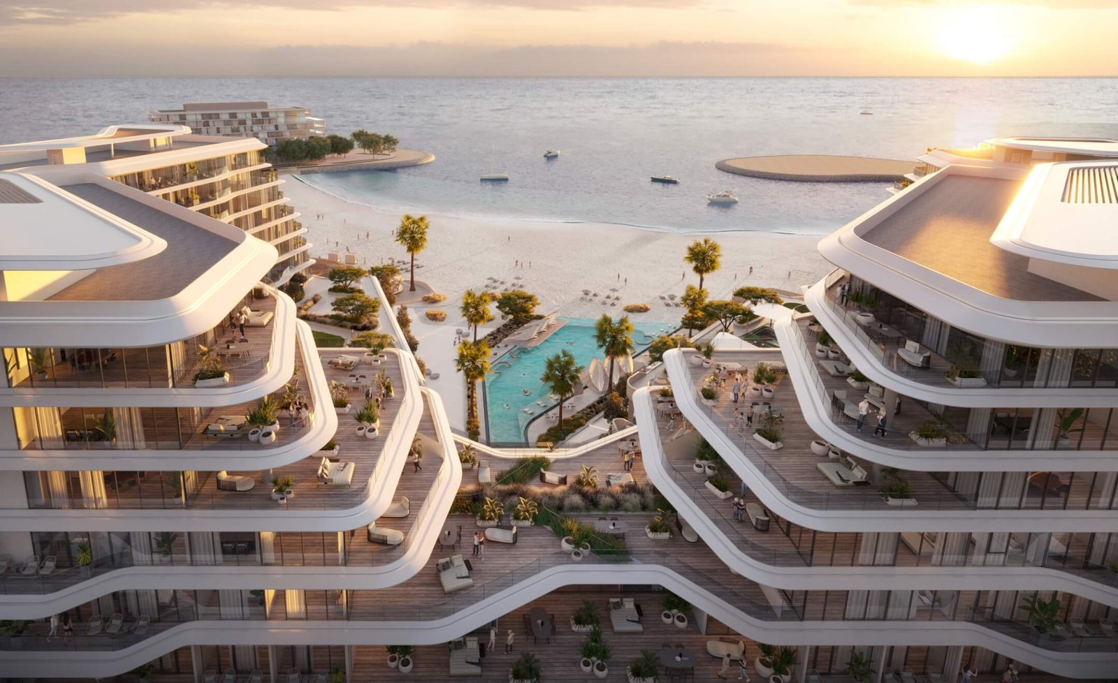Porto Playa Ras Al Khaimah oceanfront architecture with terraces, pool, and beach views on Hayat Island