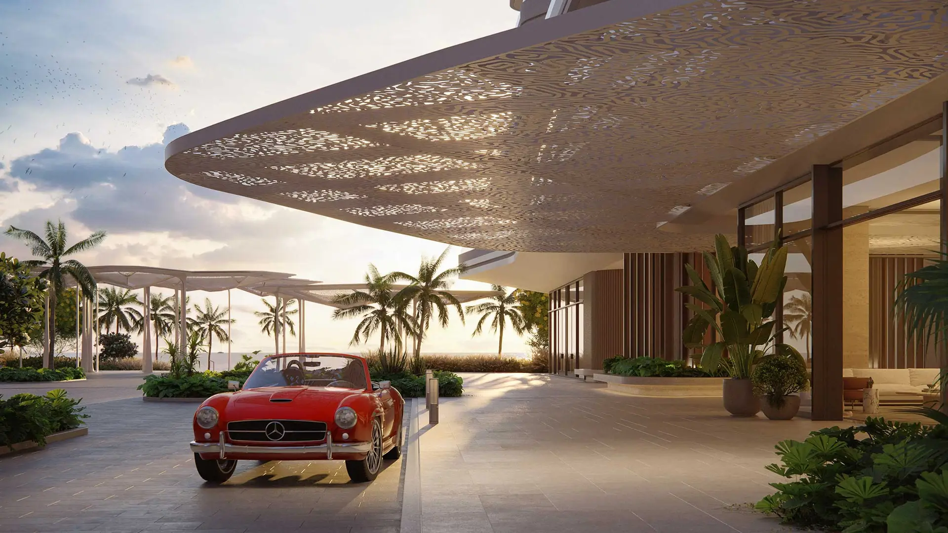 Coastal leisure area at Rosso Bay Residences Ras Al Khaimah with landscaped poolside deck