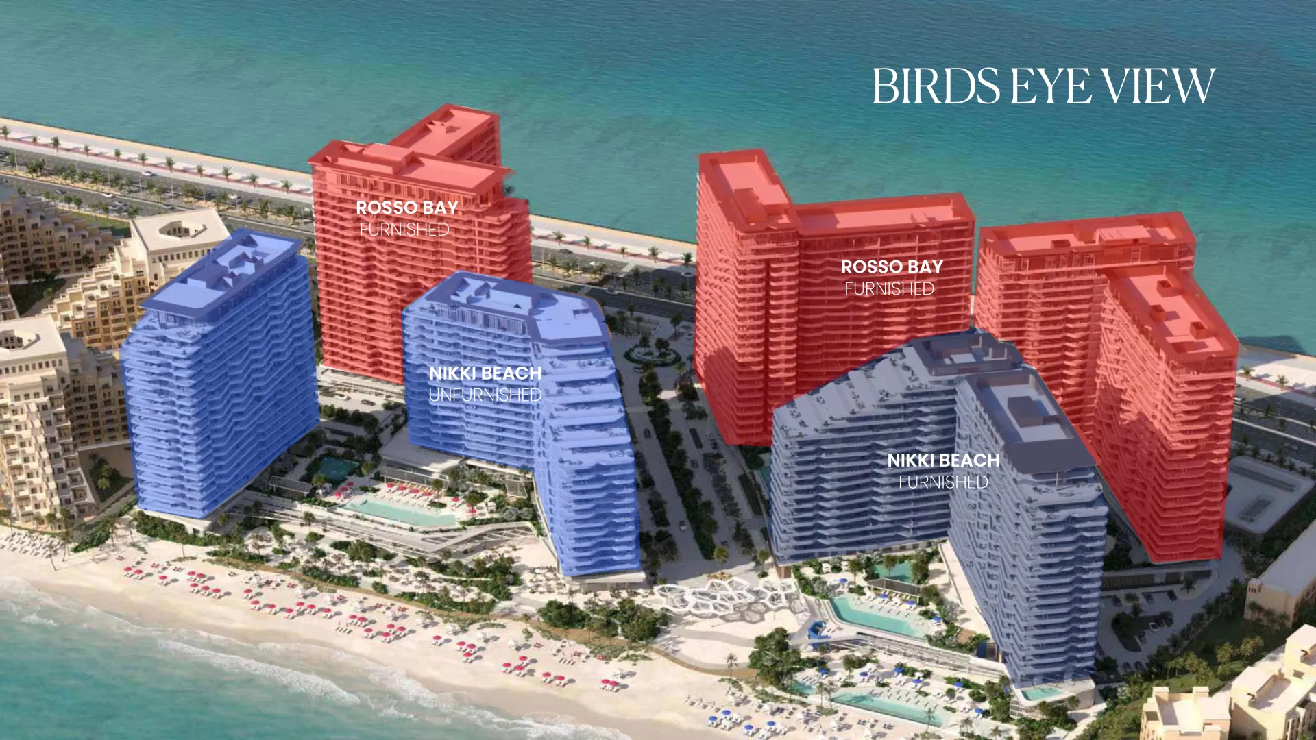Bird’s-eye rendering of Nikki Beach Residences Ras Al Khaimah towers on Al Marjan Island waterfront