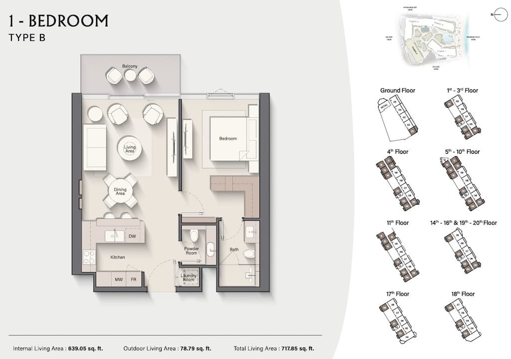 Costa Mare 1-bedroom apartment floor plan layout (Type A) on Al Marjan Island