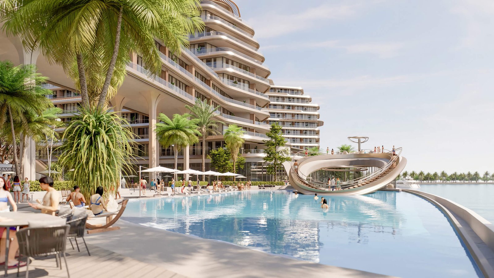 Resort-style infinity pool and promenade at Quattro Del Mar by RAK Properties, Hayat Island, Ras Al Khaimah