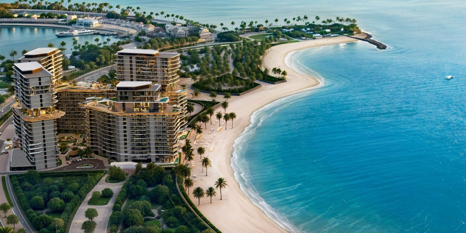 Aerial view of Costa Mare Residences on Al Marjan Island, Ras Al Khaimah waterfront