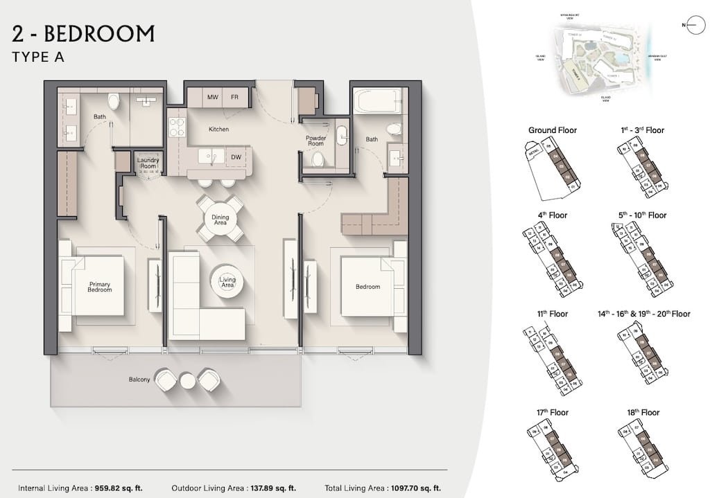 Costa Mare 2-bedroom apartment floor plan layout (Type A) on Al Marjan Island
