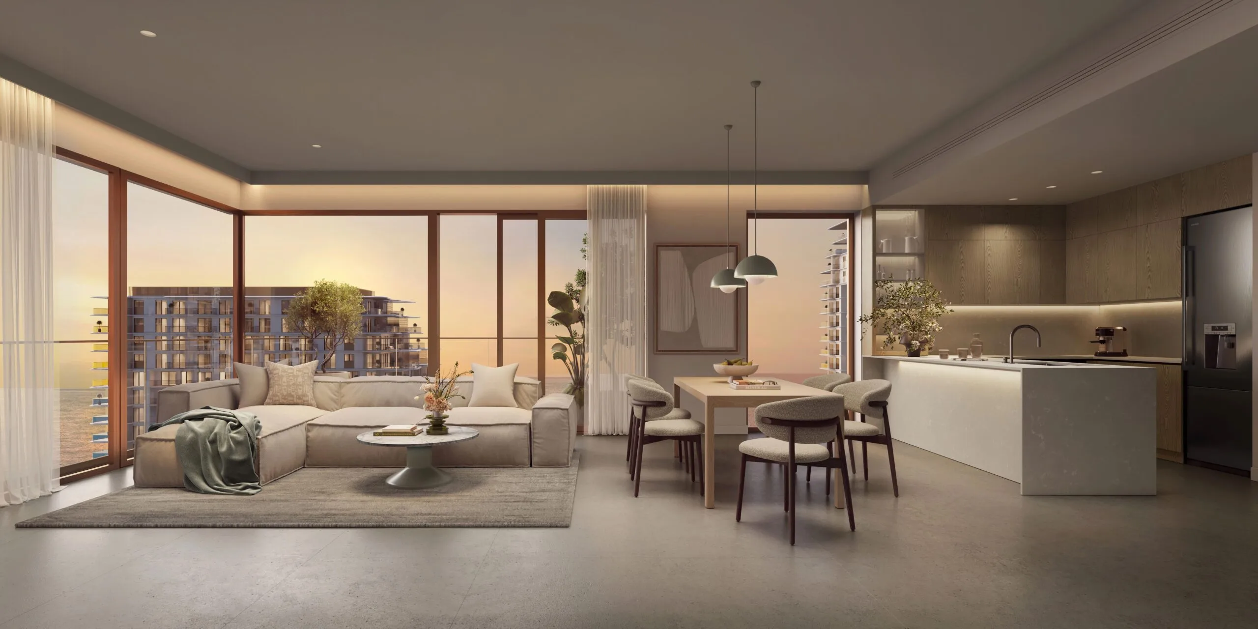 Contemporary living and dining area with balcony view at Lunara