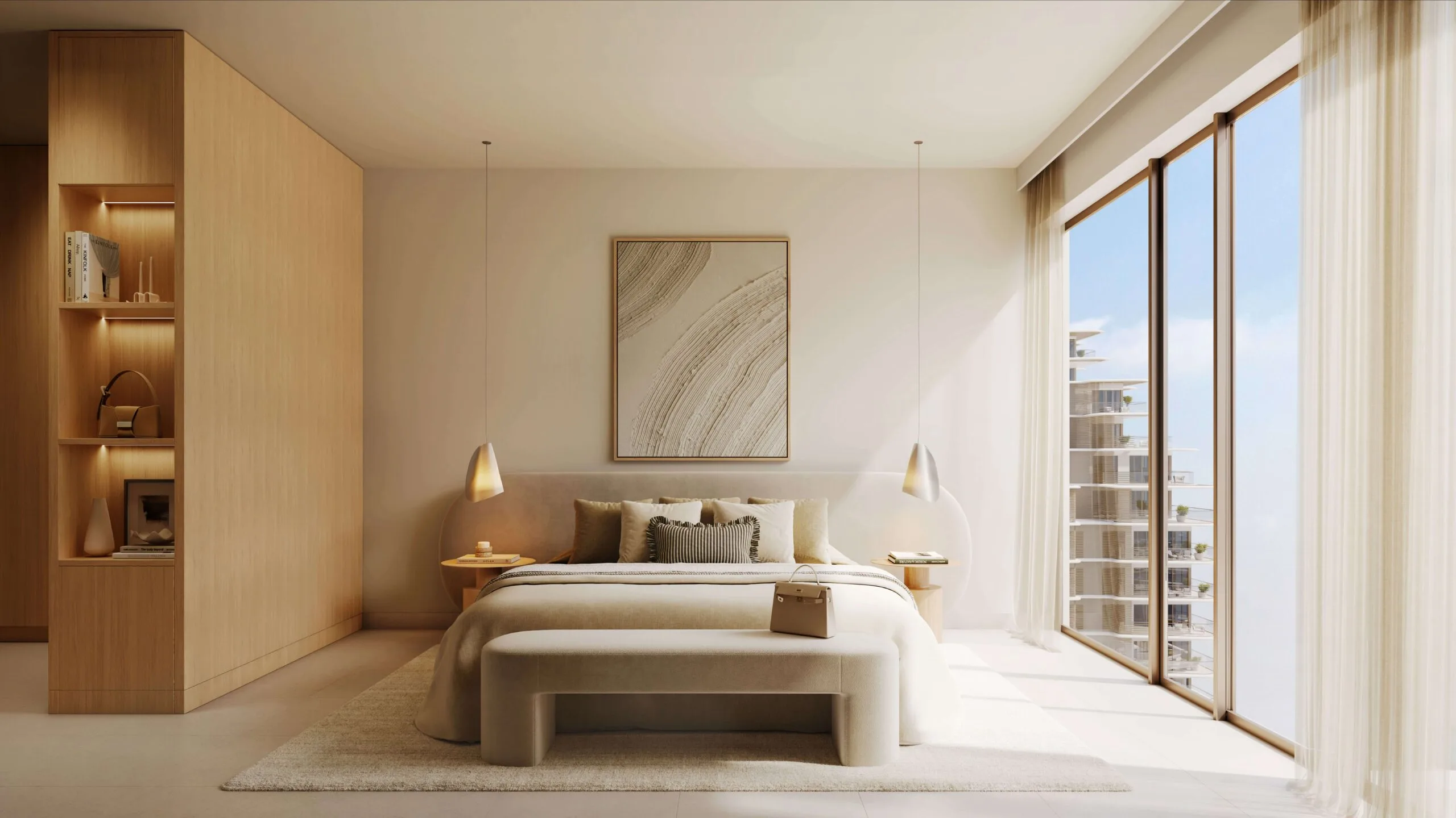 Modern bedroom interior at Lunara Al Marjan Island