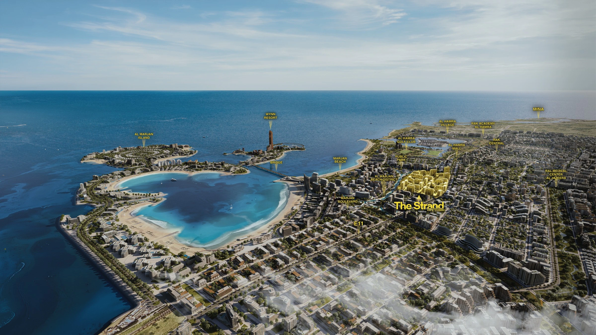 Aerial beachfront view of Al Marjan Island waterfront community
