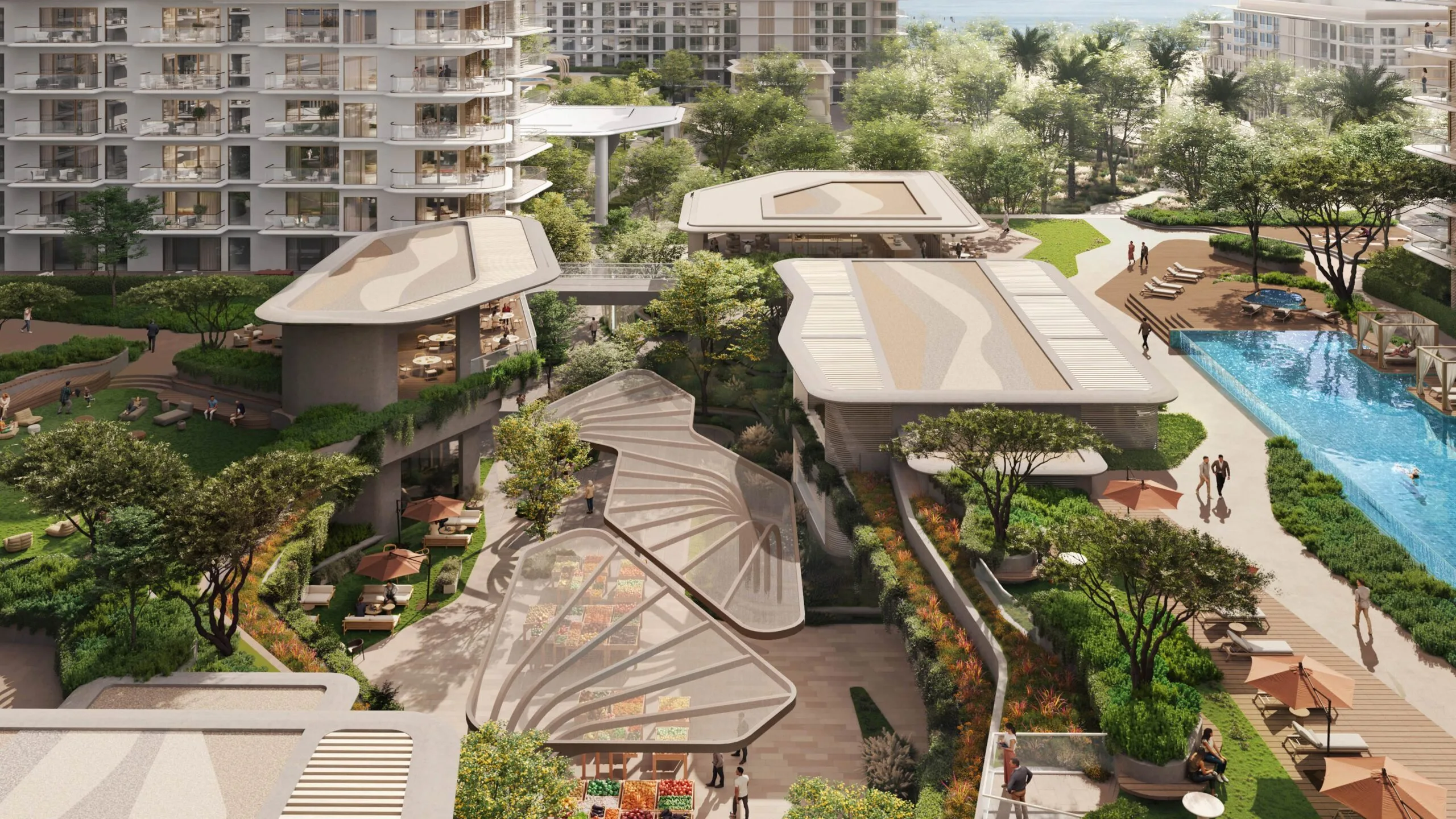Podium level amenities and landscaped spaces at The Strand